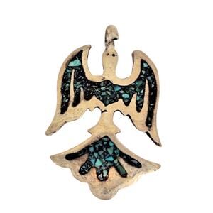 Sterling Silver Peyote Bird Pendant Crushed Stone Inlay 5.5 G 1.25 Inch Native